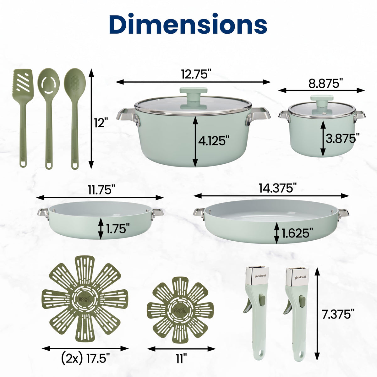 14-Piece Ceramic Cookware Set with Removable Handles, Sage Green N755