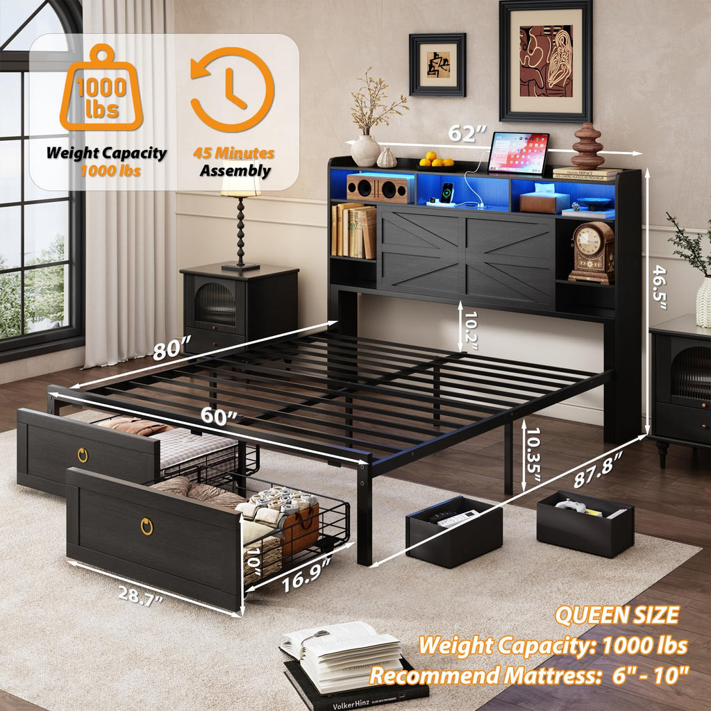 Queen Size Wood Bed Frame with Storage Headboard and 4 Drawers B3932