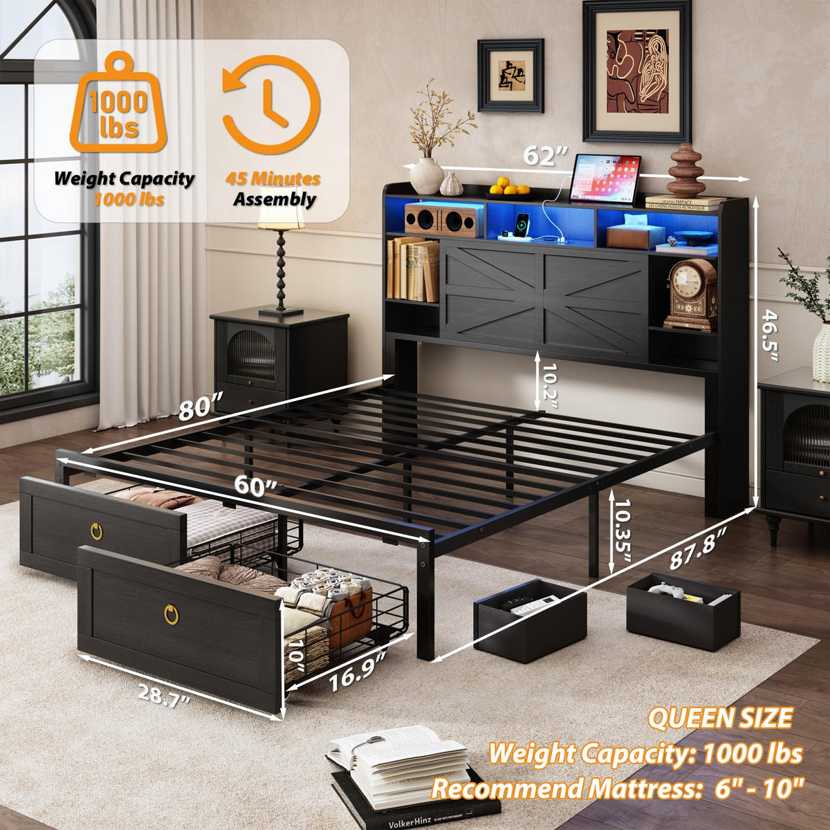 Queen Size Wood Bed Frame with Storage Headboard and 4 Drawers B3932