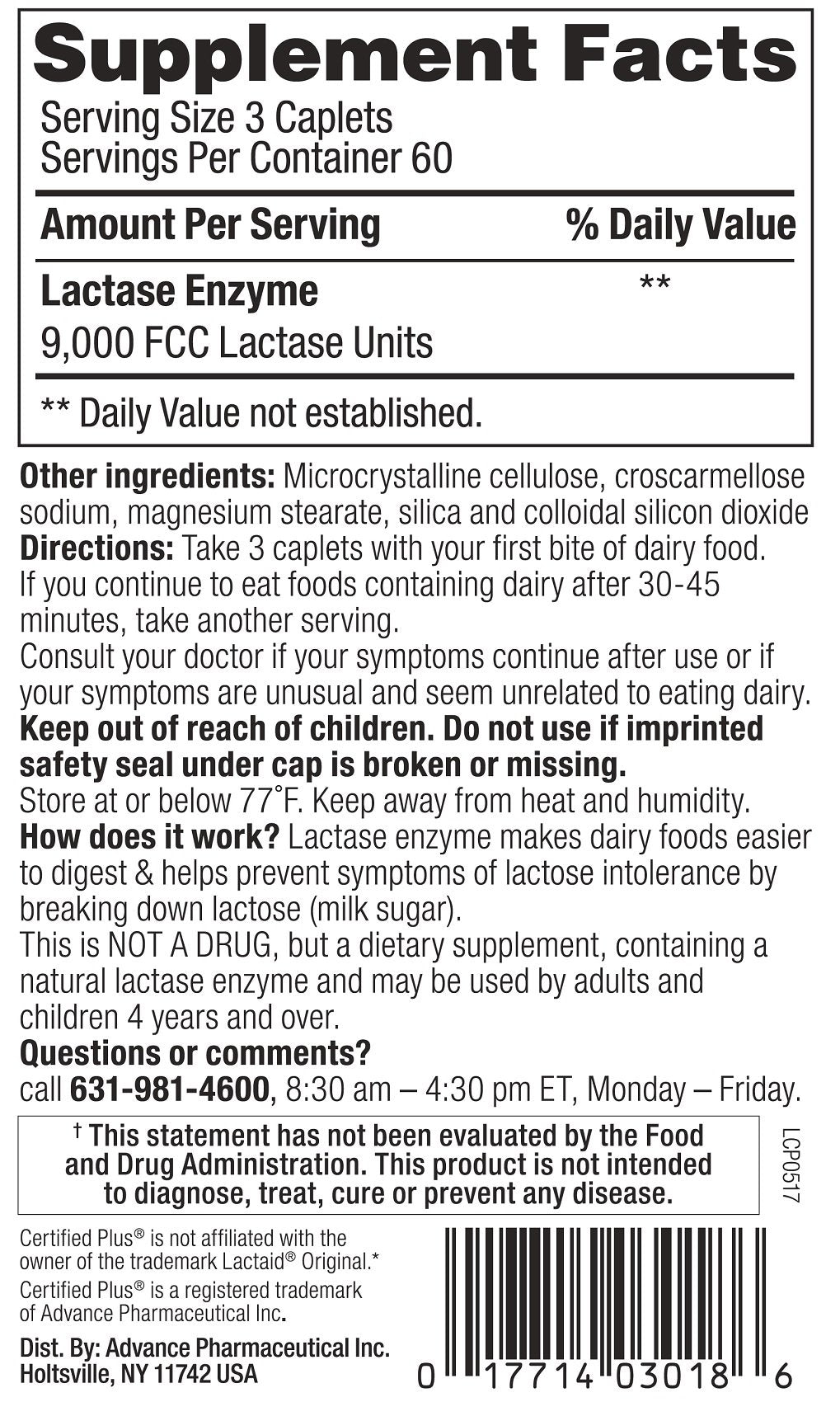 Lactase Enzyme 540 Caplets 3000 FCC L6618