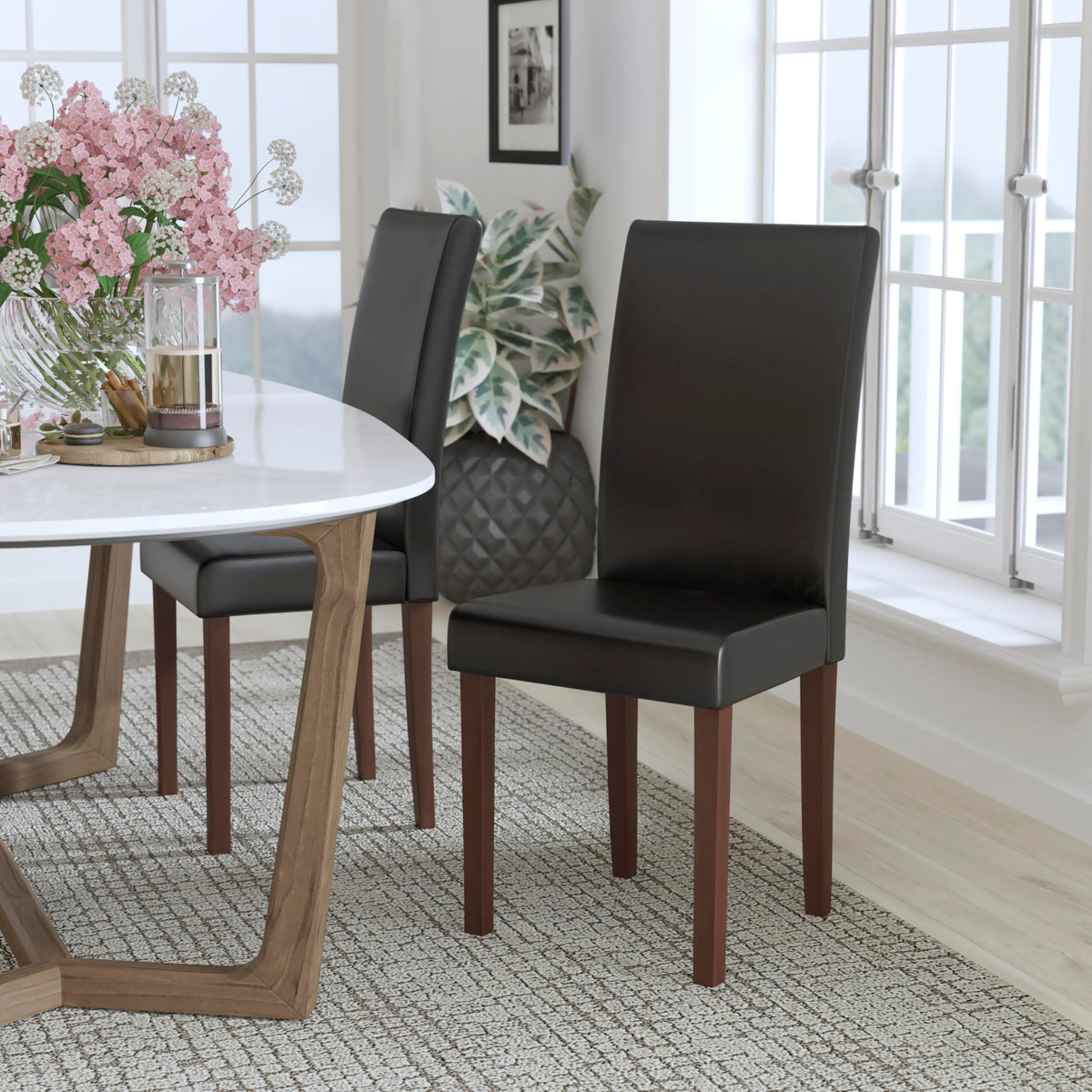 Black LeatherSoft Parsons Chair with Mahogany Legs G8525