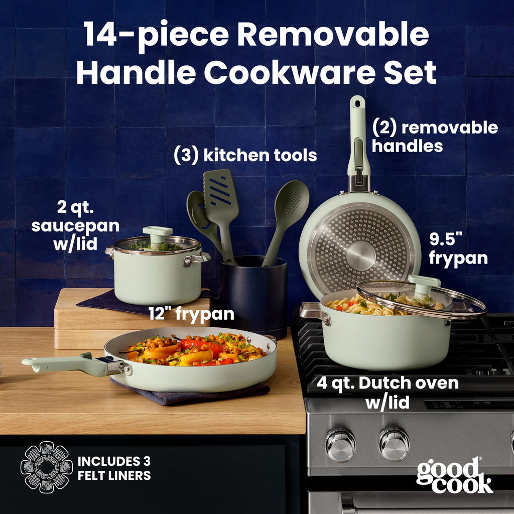14-Piece Ceramic Cookware Set with Removable Handles, Sage Green N755