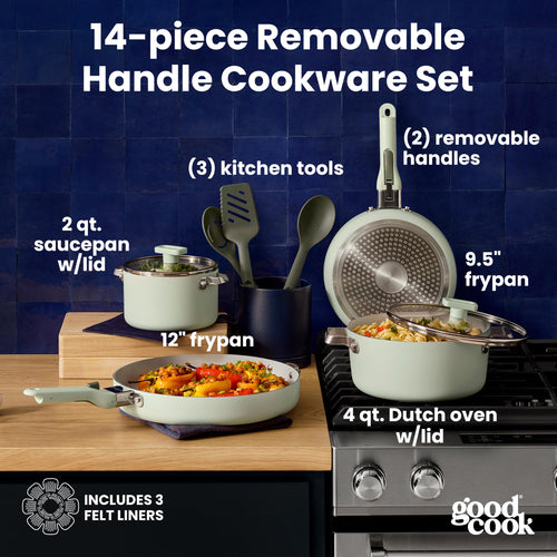14-Piece Ceramic Cookware Set with Removable Handles, Sage Green N755