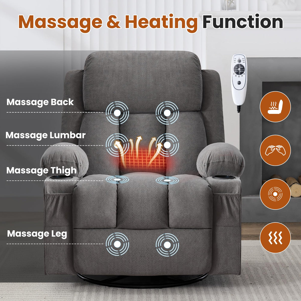 Swivel Rocker Recliner Chair with Massage and Heat V377