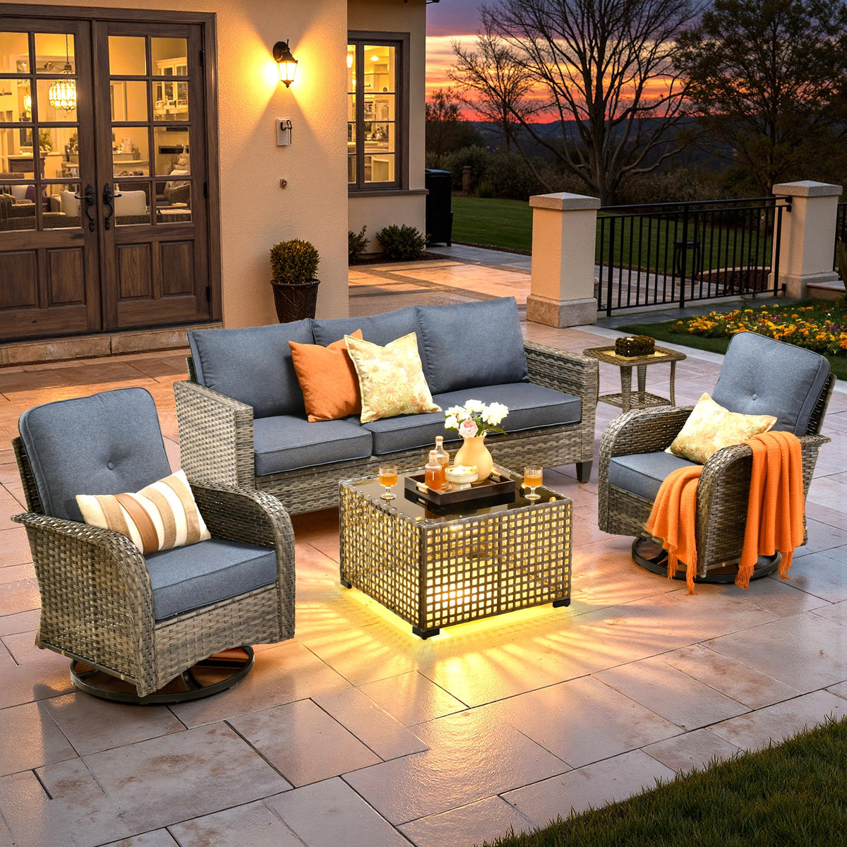 5 Pieces Wicker Patio Furniture Set with Swivel Glider Chairs N8857
