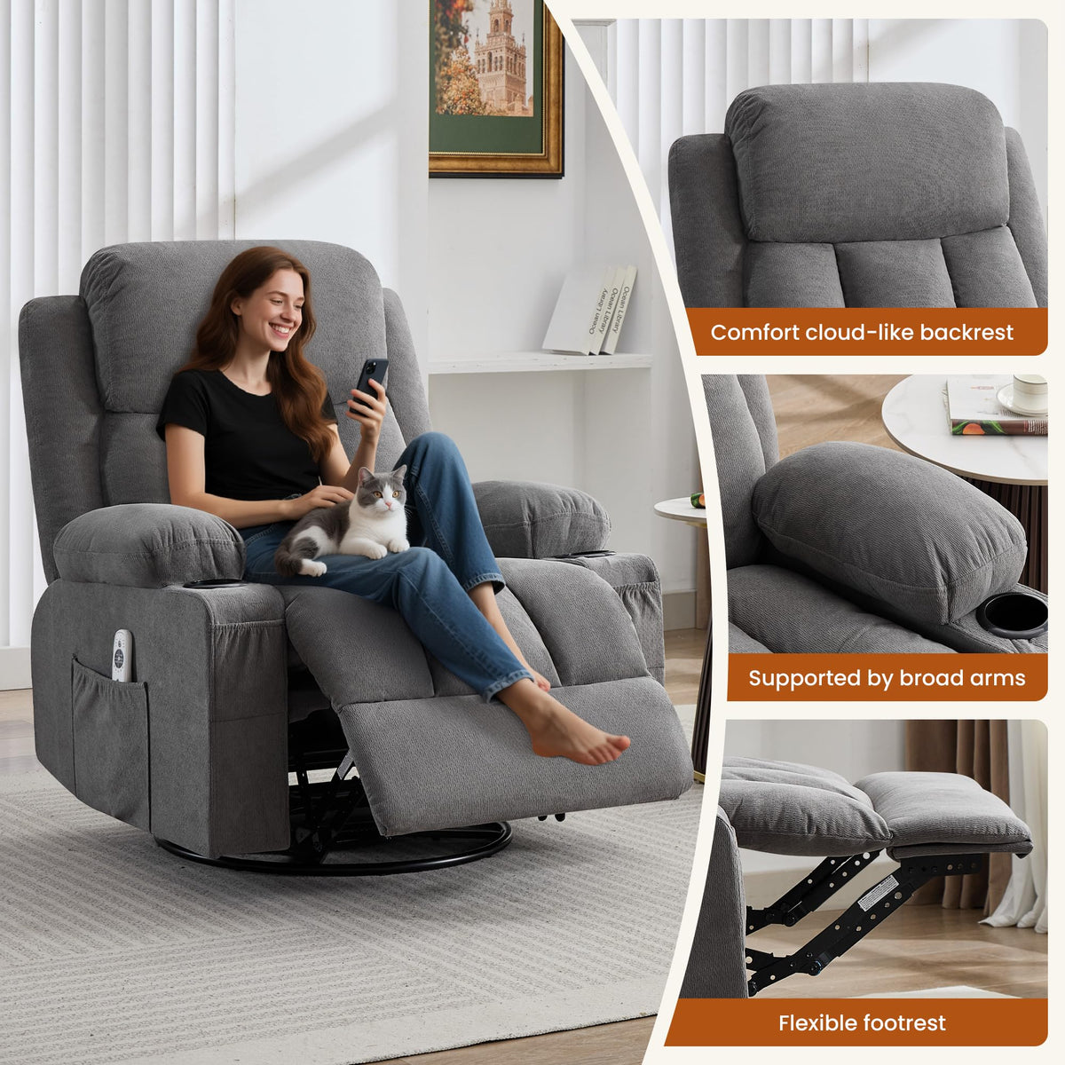 Swivel Rocker Recliner Chair with Massage and Heat V377