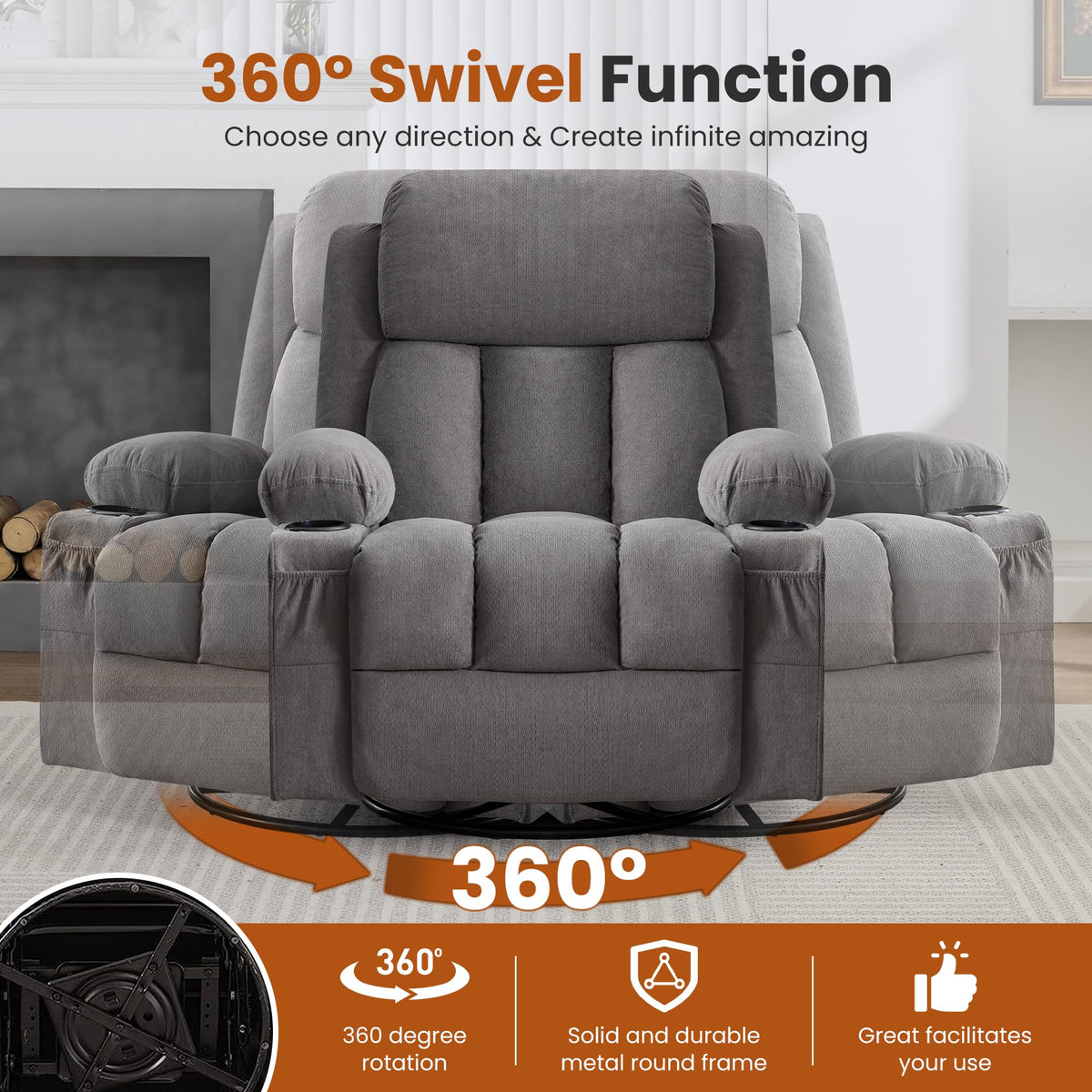 Swivel Rocker Recliner Chair with Massage and Heat V377