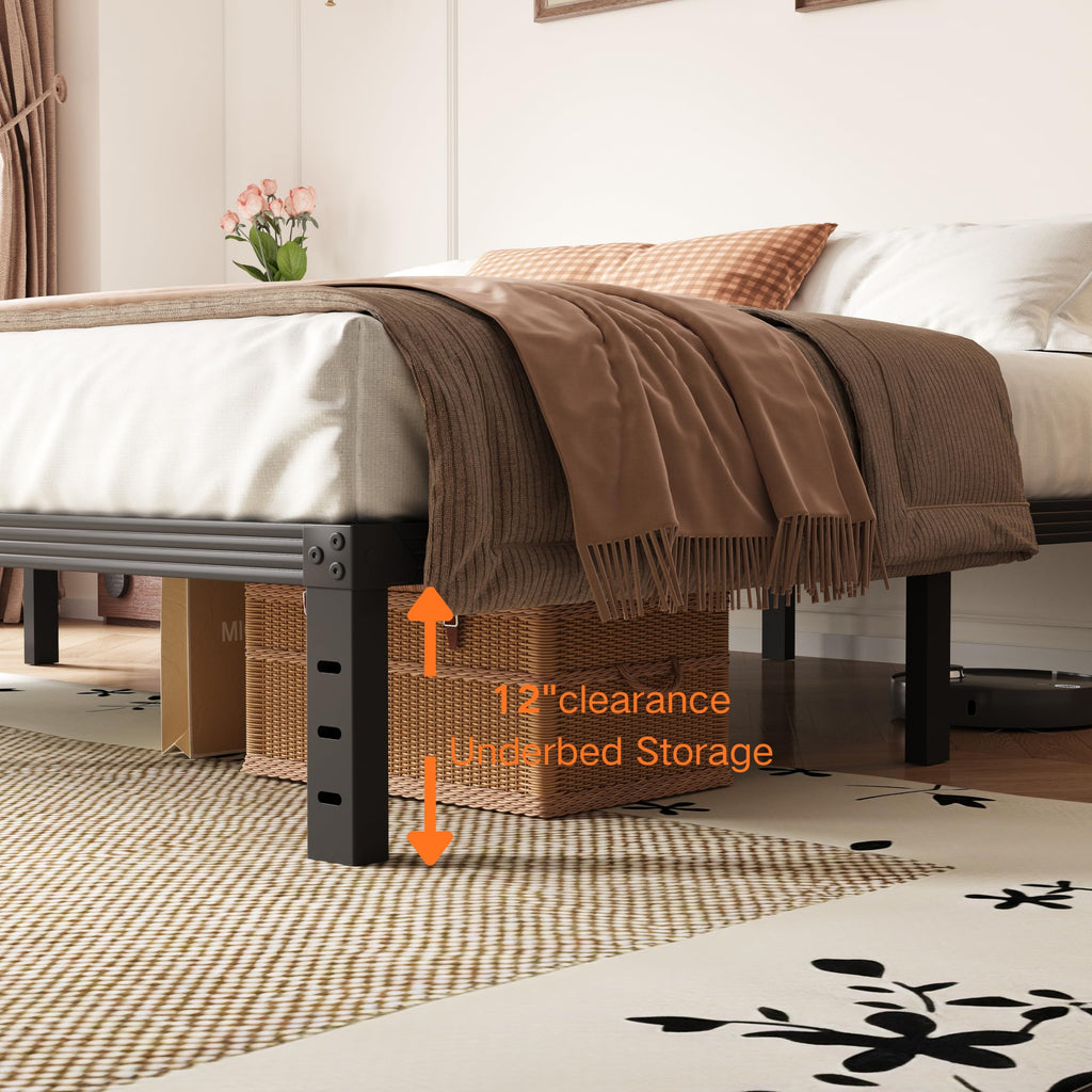 14 Inch Metal Queen Bed Frame with Storage, Black H24873
