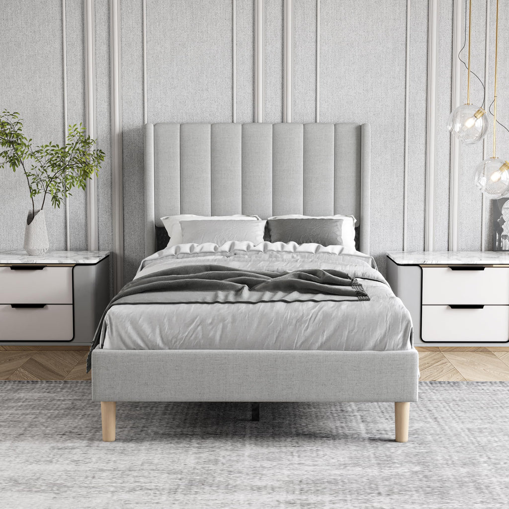 Twin Size Light Gray Linen Upholstered Bed Frame J92187