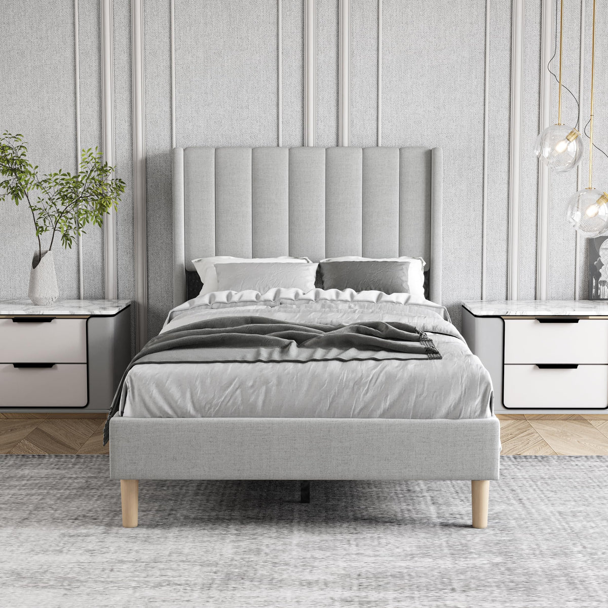 Twin Size Light Gray Linen Upholstered Bed Frame J92187